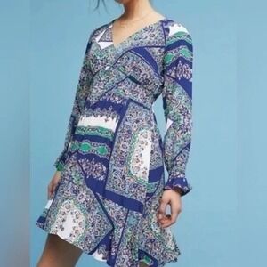 Maeve Anthropologie Bohemian Paisley Print Long Sleeve V Neck Mini Dress XS